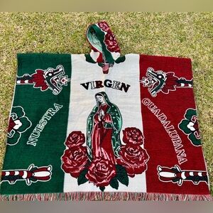 Virgin of Guadalupe alpaca poncho, hooded with wooden buttons. Made in Ecuador